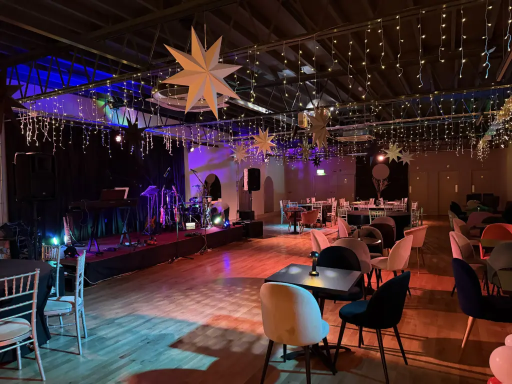 The space, dressed and full of people